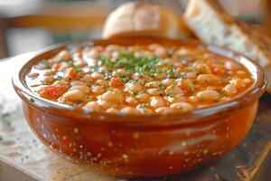 des haricots cuit dans tomate sauce, saupoudré avec Frais haché herbes. photo