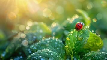 coccinelle sur vert feuilles avec Matin rosée, copie espace. photo