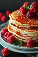 Crêpes avec framboises et Miel, délicieux et en bonne santé aliments. photo