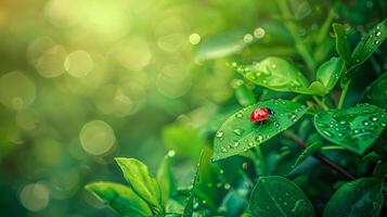 coccinelle sur vert feuilles avec Matin rosée, copie espace. photo