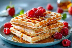 Belge gaufres et framboises bruine avec érable sirop ou Miel. photo