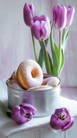 beignets et violet tulipes, sucré traite et floral délices photo