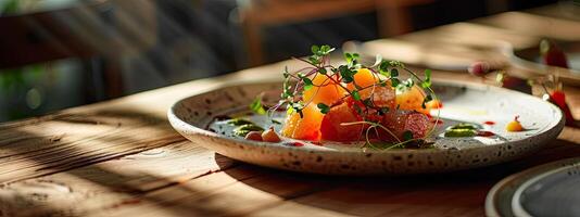 végétarien délices, coloré cuisine sur céramique assiette photo