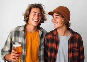 deux Jeune copains en riant joyeusement avec Bière dans une décontractée réglage photo