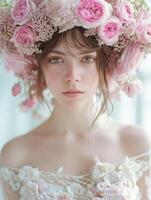 éthéré portrait de Jeune femme orné avec floral couronne photo