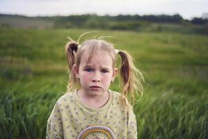 portrait de une peu blond fille dans une champ photo