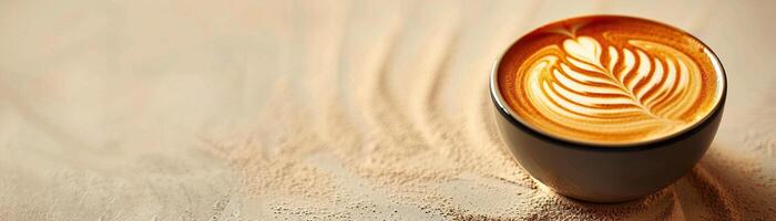 cappuccino avec magnifique latté art sur une sablonneux Contexte. photo