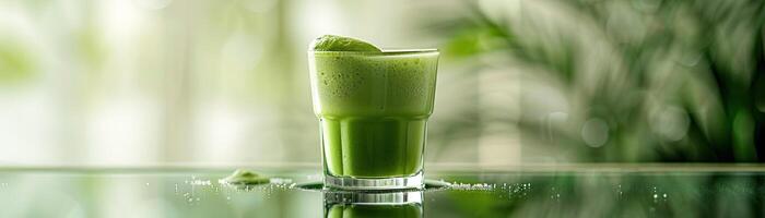 une verre de matcha vert thé sur une verre table avec une vert flou Contexte. photo