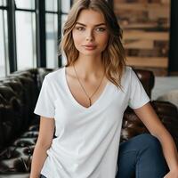 une Jeune femme avec longue blond cheveux et bleu yeux est séance sur une marron cuir canapé. elle est portant une blanc col en v T-shirt et bleu jeans. photo