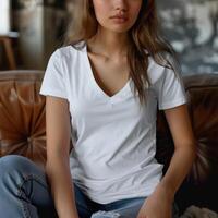 une Jeune femme avec longue marron cheveux est portant une blanc col en v T-shirt et bleu jeans. elle est séance sur une marron cuir canapé et à la recherche à le caméra avec une sérieux expression. photo