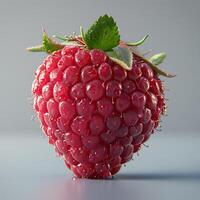 une fermer image de une frais, mûr framboise avec l'eau gouttelettes sur ses surface. photo