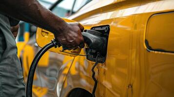 une main en portant une Jaune électrique voiture chargeur, proche en haut. photo