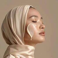 fermer de une Jeune femme portant une hijab avec une crème sur sa affronter. photo