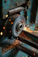 fermer de une travail des métaux tour dans opération. une ouvrier est en utilisant le tour à Couper une pièce de métal. le tour est création des étincelles comme il coupes par le métal. photo