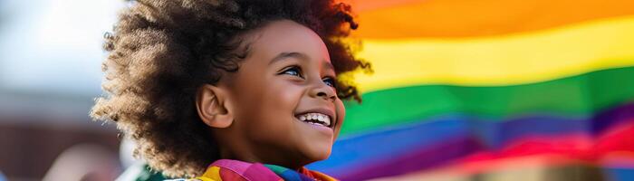 une Jeune enfant sourit dans de face de une arc en ciel drapeau. photo