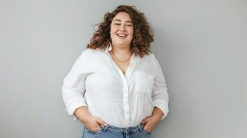 une beau, sur de soi femme avec long, frisé cheveux et une brillant sourire est portant une blanc boutonné chemise et bleu jeans. photo