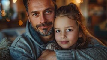 père et fille sont étreindre chaque autre. le sont souriant et Regardez heureux. photo