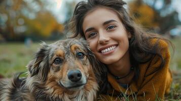 fille avec une chien dans le parc. le chien est souriant à le caméra. photo