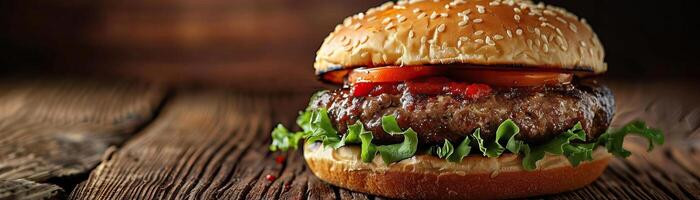 une fermer de une juteux fait maison du boeuf Burger sur une rustique en bois tableau, le chignon à la perfection grillé, ensemble contre une doux, flou arrière-plan, ample espace sur le droite pour texte. photo