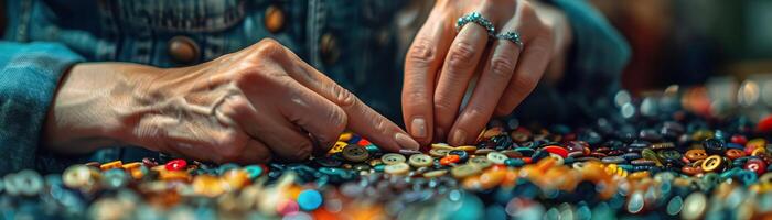 une fermer de une mode de créateur main sélection boutons et embellissements de une organisé collection, le texture et Couleur dans se concentrer, ensemble contre une en sourdine, élégant arrière-plan, pro photo