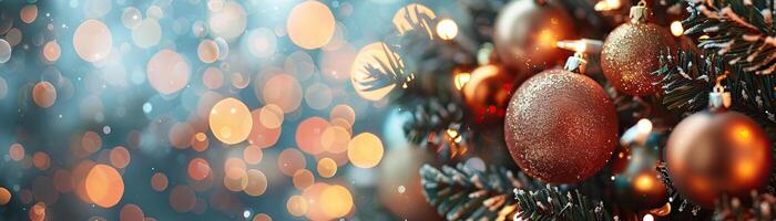 une fermer Haut vue de une Noël arbre décoré avec fabriqués à la main boules, concentrer sur le complexe détails avec lumières création une flou bokeh effet dans le arrière-plan, fournir photo