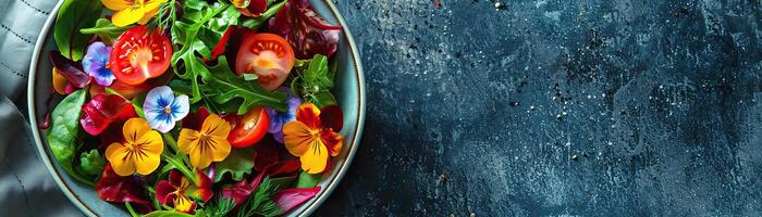 une fermer Haut vue de une coloré salade bol avec comestible fleurs, le Frais Ingrédients vibrant et attrayant, ensemble contre une en sourdine, contemporain arrière-plan, fournir une large, panoramique photo