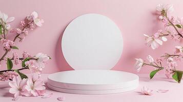 plat allonger Haut vue de blanc rond podium pour produit vide maquette rose pastel Contexte rose fleurs photo