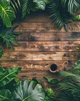 Haut vue de une en bois tableau, avec tropical les plantes et feuilles autour il photo