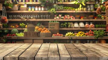 en bois dessus de la table ensemble contre le engageant toile de fond de une épicerie magasin, mise en évidence un tableau de Frais produire et marchandises, adapté pour commercial utilisation photo