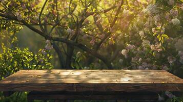 vibrant printemps réglage avec luxuriant Jeune feuillage et floraison branches, mettant en valeur un vide en bois table baigné dans Naturel lumière du soleil, parfait pour Extérieur scènes photo