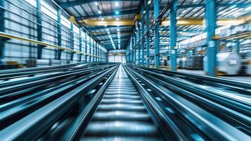 à l'intérieur une moderne industriel usine avec bleuté acier machinerie et Avancée convoyeur ceintures pour efficace fabrication et logistique photo