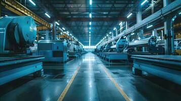 vide usine sol avec tourner au ralenti machinerie pendant une fermer de de face vue silencieux bleu acier Machines attendre pour opération photo