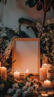 une Vide photo Cadre entouré par bougies et fleurs dans une Commencez ouvert espace