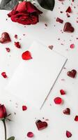 une Vide valentines blanc carte avec sur une table maquette photo