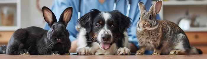 une chien, une chat et une lapin sont avoir vacciné par une vétérinaire le Regardez content anti-éclaboussures, photo
