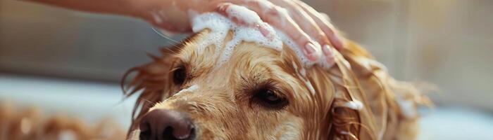 baignade une d'or retriever, avec une toiletteur soigneusement la lessive le chien dans une faire le ménage, bien équipé animal de compagnie salon, capturer le se soucier et confort de le processus photo