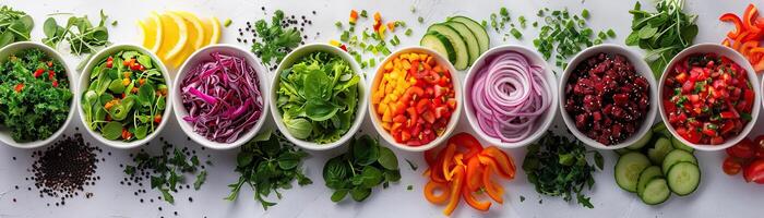 salade dégustation événement, plusieurs petit boules de différent salades aligné sur une longue tableau, le couleurs vibrant contre une rigide blanc Contexte photo