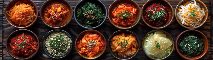 une minimaliste composition avec une collection de petit boules, chaque contenant une différent variété de Kimchi, arrangé dans une soigné rangée sur une rustique en bois planche photo