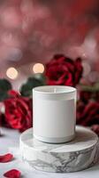 fermer maquette blanc bougie avec large Vide blanc étiquette modèle, sur une marbre dalle, riches rouge tons, Rose fleurs, Valentin thème, bokeh Contexte photo