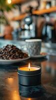 fermer photo de une 125 grammes noir étain bougie allumé avec un mèche séance sur une table dans une café avec un Expresso fabricant