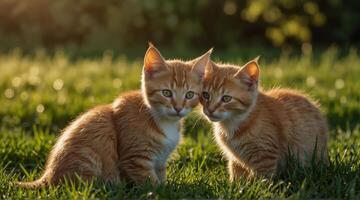 charmant et aimable rouge chatons Heureusement en jouant sur une vibrant vert herbe arrière-plan, proche en haut , copie texte photo
