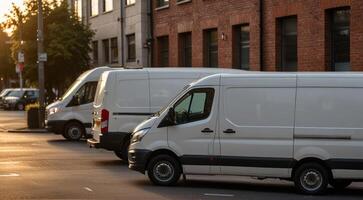 blanc voitures camions sur le rue. parking dans ville photo