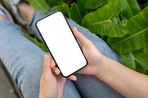 une femme en utilisant sa téléphone intelligent tandis que relaxant dans une vert jardin. une Écran blanc téléphone intelligent maquette. photo