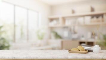 vide espace sur une blanc marbre dessus de la table dans une contemporain et confortable vivant chambre. photo