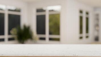 un vide espace pour afficher produit sur une blanc dessus de la table dans une moderne blanc vivant chambre. photo