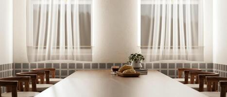 une en bois à manger table avec les fauteuils dans une confortable contemporain à manger chambre. photo