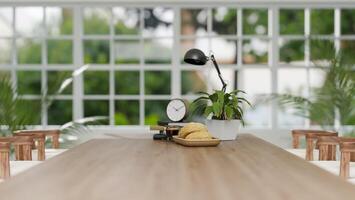 une en bois à manger table ou réunion table dans une contemporain minimaliste à manger pièce ou réunion chambre. photo