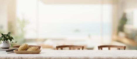 une espace pour affichage des produits sur une blanc marbre à manger table dans une moderne vivant chambre. photo