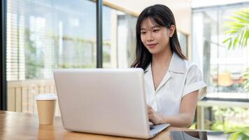 une magnifique asiatique femme d'affaires se concentrer sur sa travail sur une portable ordinateur dans une café cotravail espace photo