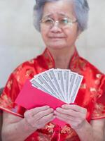 Sénior femme portant une traditionnel cheongsam qipao robe en portant nous billets de banque et à la recherche à le caméra tandis que séance sur une chaise. concept de vieilli gens et chinois Nouveau année photo